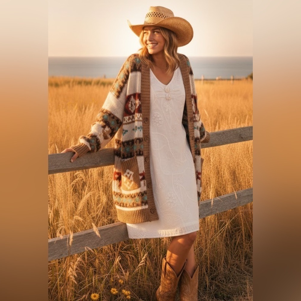 Territory Ahead Ivory Floral Embroidered Dress 8 Country Cottage Western Prairie